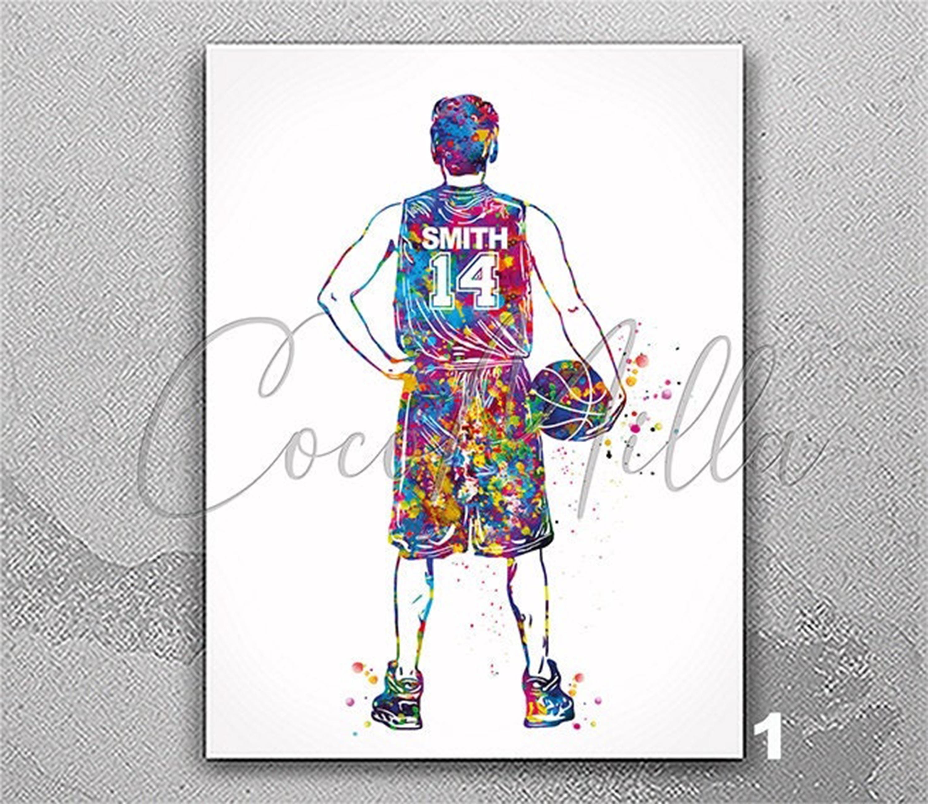 Personelized Basketball Player Watercolor Print Male Gift Boy Basketball Man Teen Room Decor Man Cave Decor Customize Gift Wall Art-2373
