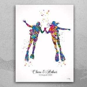 Scuba Diving Couple Watercolor Print Personalised Scuba Diving Couple Print Wall Art Diving Wedding Gift Valentine's Gift Wall Hanging-1422