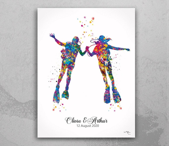 Scuba Diving Couple Watercolor Print, Personalized Wall Art-1422
