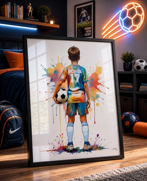 Personalized Watercolor Socer Print, Boys Room Decor-2932