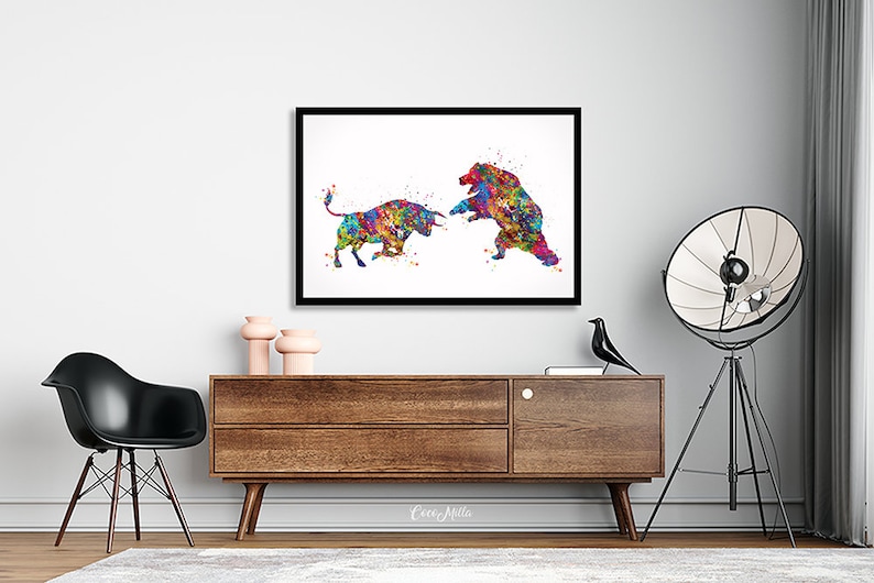 Bull and Bear Watercolor Print Office Decor Wall street Stock Market Exchange Bull vs. Bear Business World Wall Art Investor Trader Gift-356 image 5