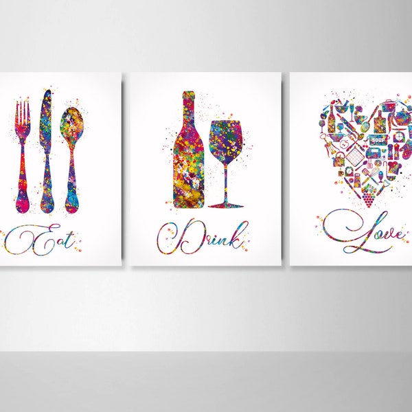 Kitchen Art Watercolor Print Eat Drink Love Set of 3 Kitchen Wall Art Housewarming Gift Food and Drink Dining Room Wall Decor Dine Room-1932