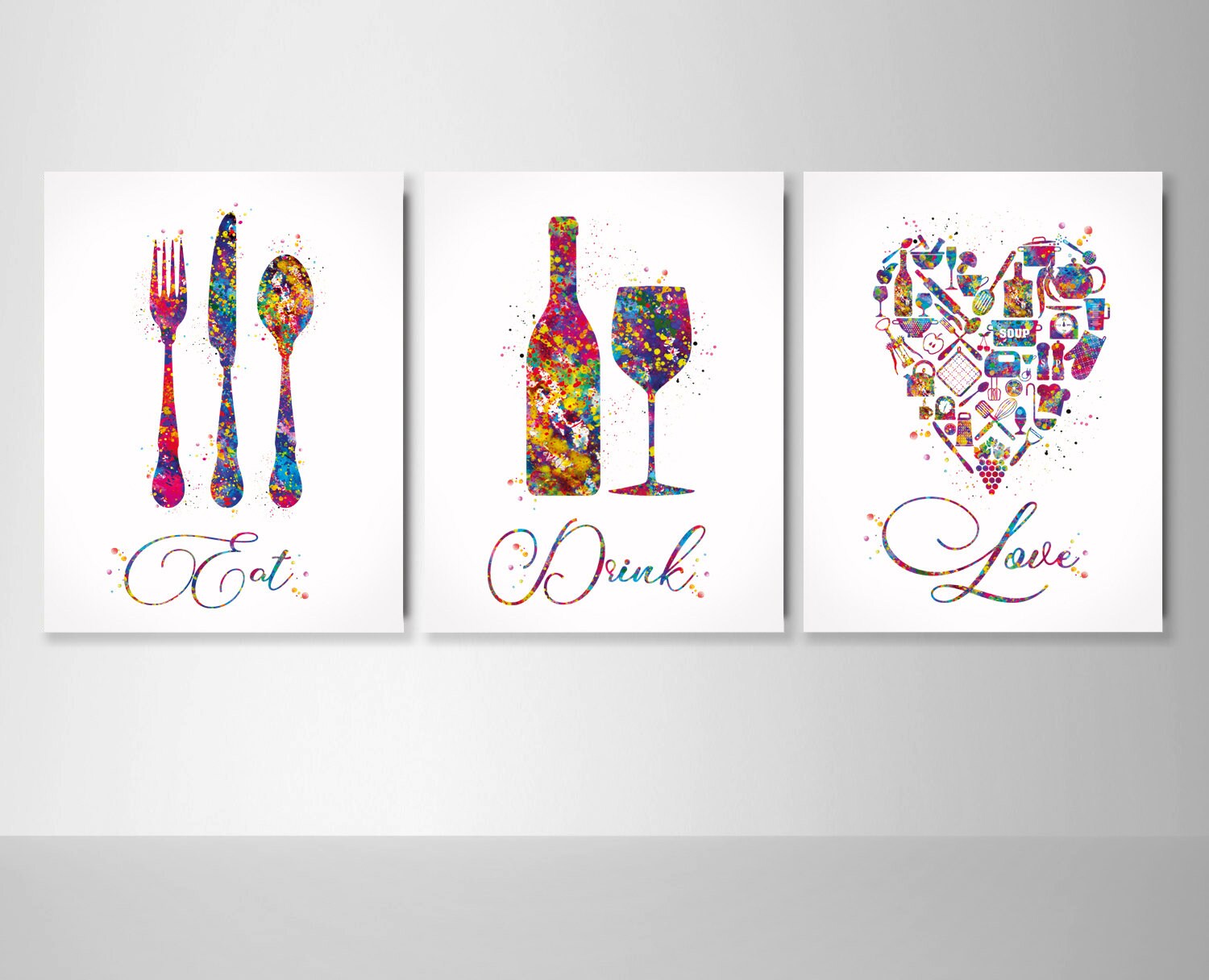 Kitchen Art Watercolor Print Eat Drink Love Set of 3 Kitchen Etsy