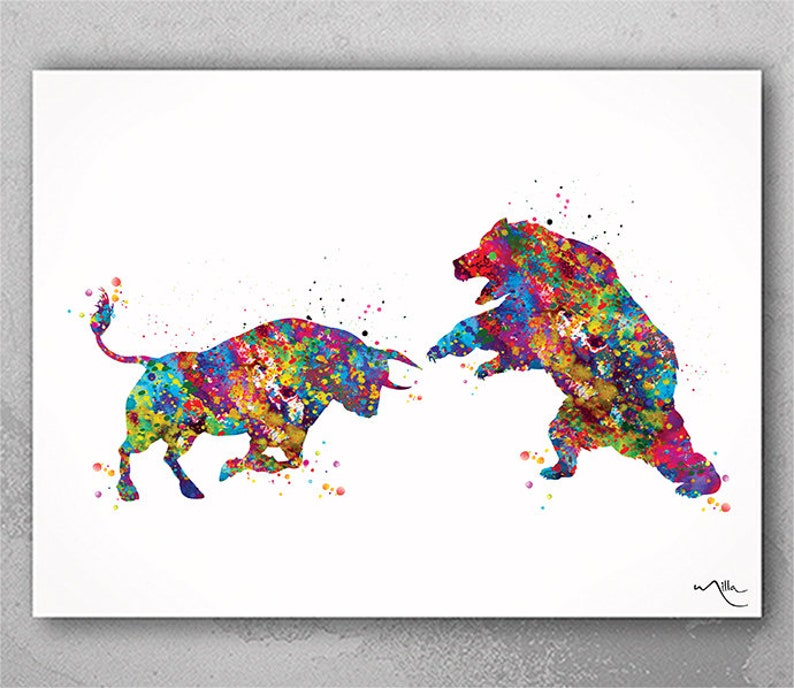 Bull and Bear Watercolor Print Office Decor Wall street Stock Market Exchange Bull vs. Bear Business World Wall Art Investor Trader Gift-356 image 1