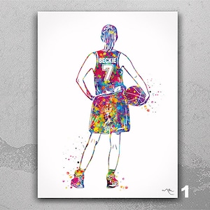 Personelized Female Basketball Player Watercolor Print Gift Girl Basketball Women Teen Room Decor Poster Sport Customize Gift Wall Art-2398