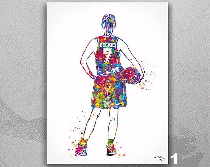 Personelized Female Basketball Player Watercolor Print Gift Girl Basketball Women Teen Room Decor Poster Sport Customize Gift Wall Art-2398