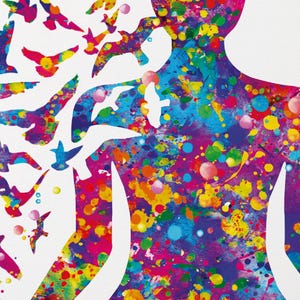 May include: An abstract artwork showing a human silhouette filled with colourful paint splatters in blue, purple, yellow, and red. Silhouetted birds are flying from the figure. The text "CLOSE-UP" is at the bottom.