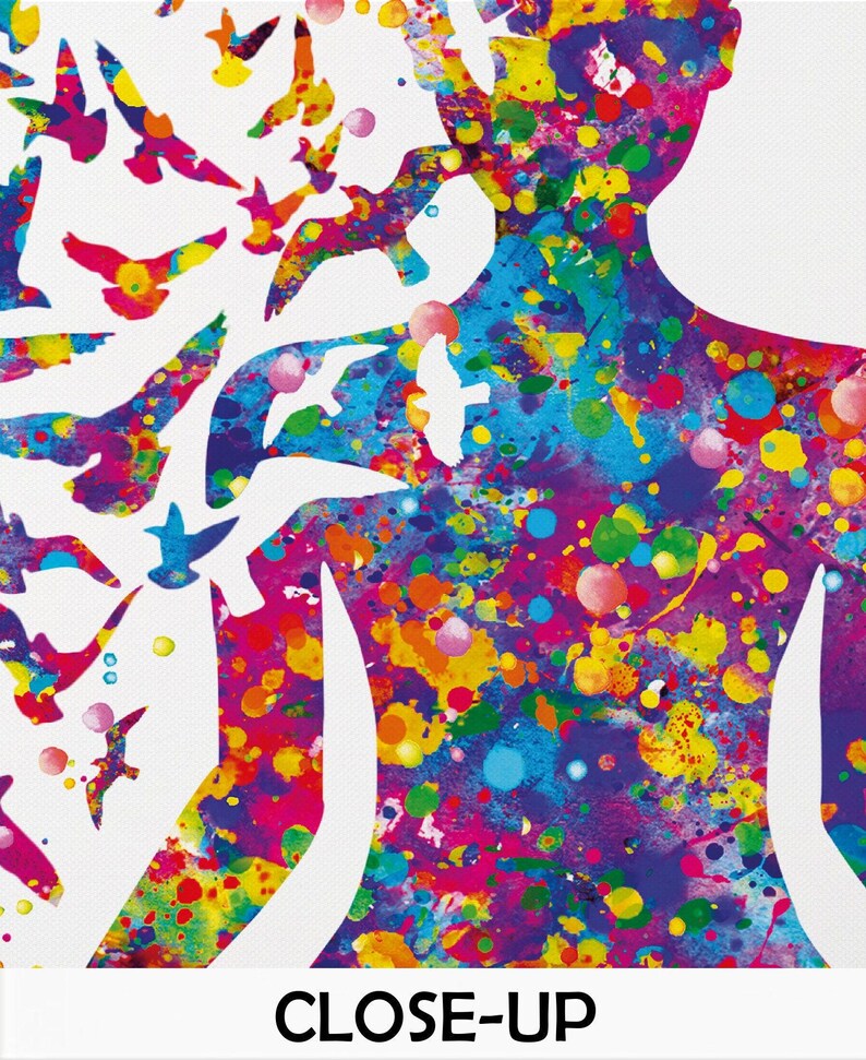 May include: An abstract artwork showing a human silhouette filled with colourful paint splatters in blue, purple, yellow, and red. Silhouetted birds are flying from the figure. The text "CLOSE-UP" is at the bottom.