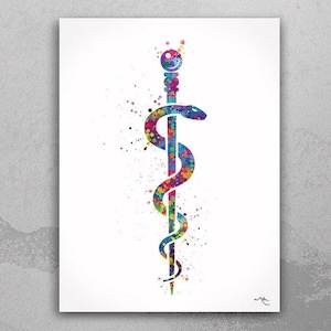 Rod of Asclepius Watercolor Print Wall Art Paramedic Doctor Art Nurse Gift Medical Art Science Office Medicine Art Hospital Clinic Decor-239