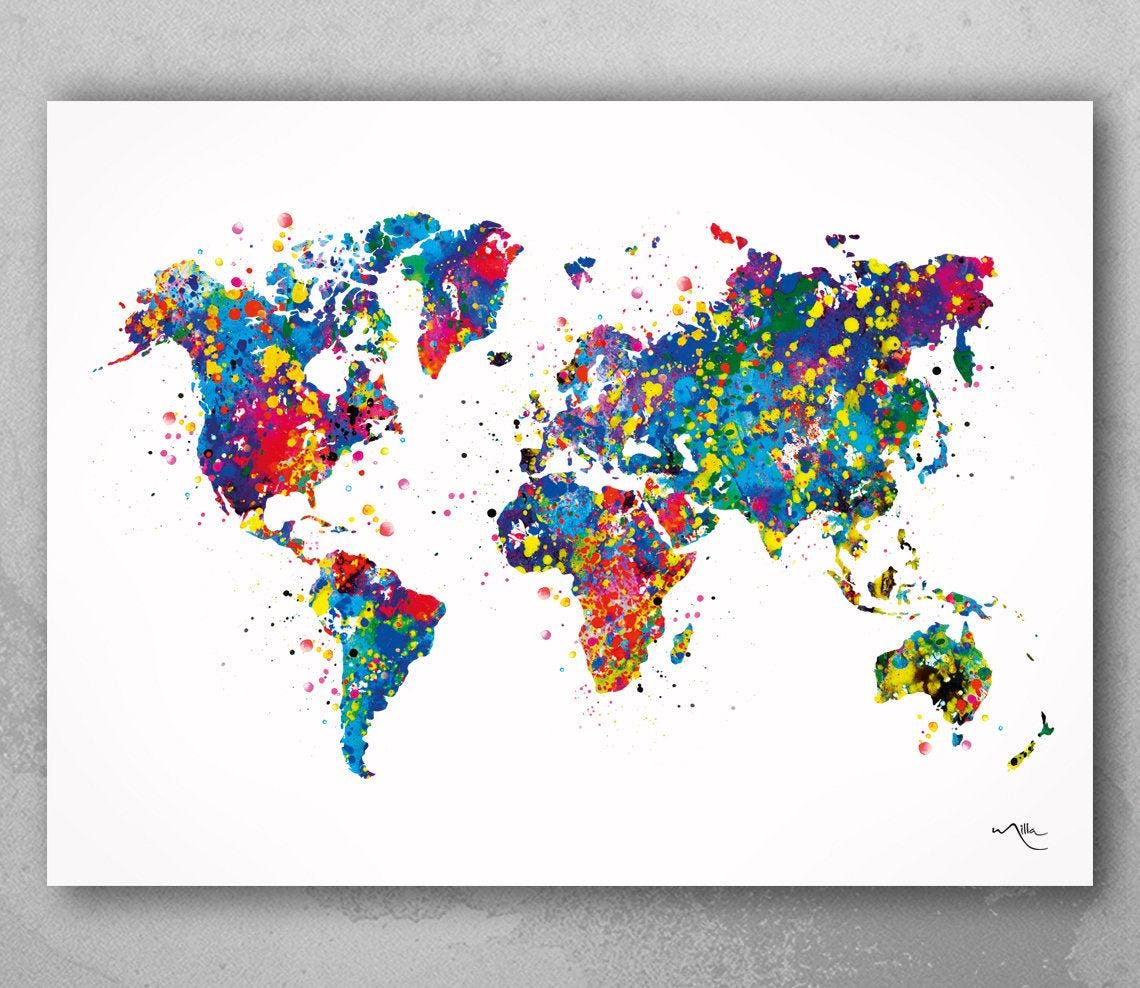Watercolor World Map Art Print: Colorful Travel Wall Decor-59 - Etsy
