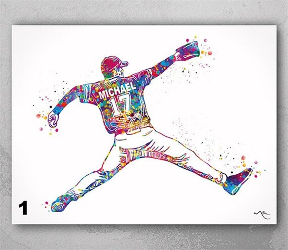 Personalized Baseball Pitcher Watercolor Print, Custom Sports Art-2600