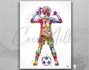 Personalized Kids Soccer Player Girl Watercolor Print Football Gift Soccer Girl Football Children Personalised Gift Customize Wall Art-2775