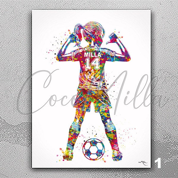 Personalized Kids Soccer Player Girl Watercolor Print Football Gift Soccer Girl Football Children Personalised Gift Customize Wall Art-2775