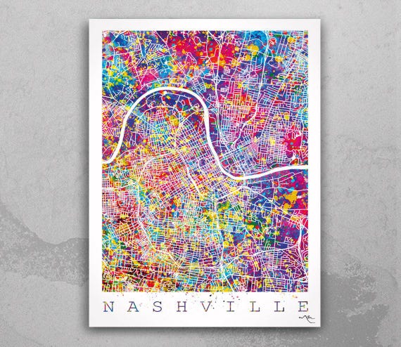 Nashville Watercolor City Map Art Print, Tennessee Wall Decor