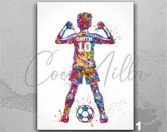 Soccer Player Boy Watercolor Print Personelized Kid Football Gift Boys Room Decor Soccer Fan Kids Personalised Customize Gift Wall Art-2789
