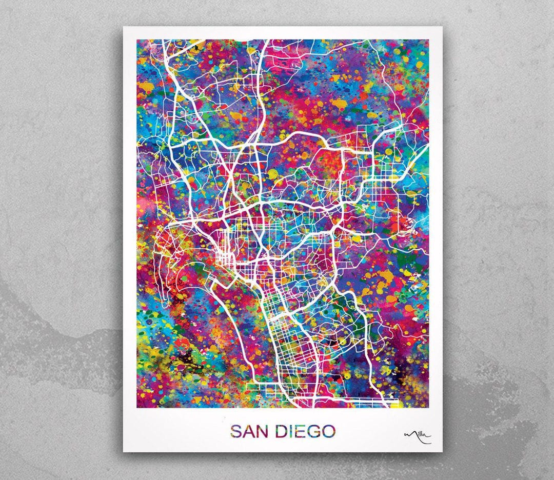 San Diego Map Art Watercolor Print Wall Art California City Wanderlust ...