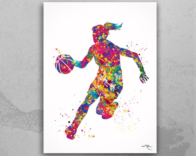 Basketball Player Girl Watercolor Print Female Woman Mom Basketball Player Gift Sport Wall Art Sports Basketball Decor Wall Hanging-1572