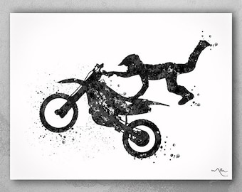 Motocross Rider Watercolor Print Motorcycle Sport Bike Motorbike