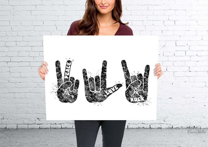 Peace Love Rock Symbol Watercolor Print ASL Sign Language ...