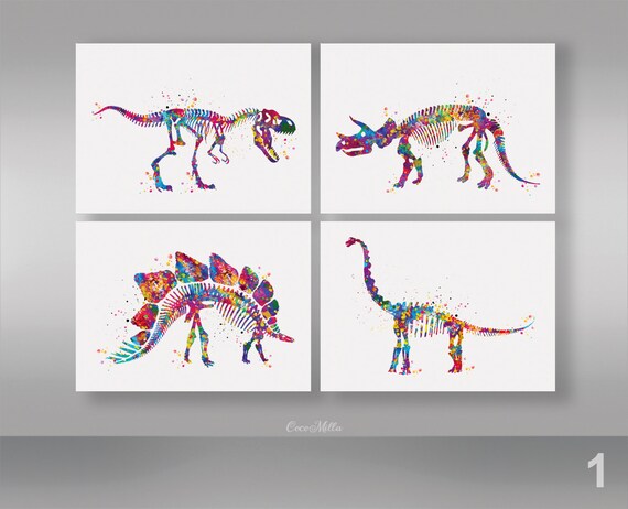 Watercolor Dinosaur Print Set, T-Rex, Nursery Art (Set of 4)-2369