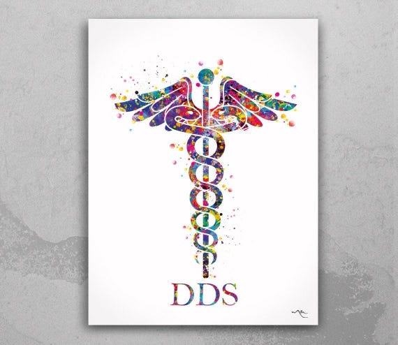 Doctor of Dental Surgery Dentist Caduceus Watercolor Print DDS Medical Art Office Clinic  Dentistry Art Gift Tooth Decor Science Art-490