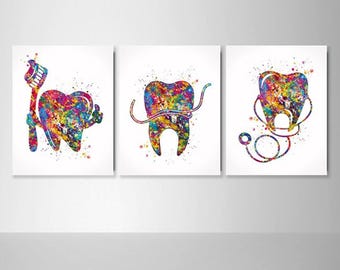 Dental Art Set Watercolor Print Pediatric Dentist Gift Dental Gift Decor Dentist Medical Art Dental Care Dentist Office Dentistry Clinic-139