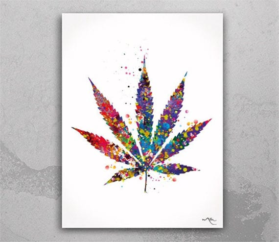 Marijuana Leaf Watercolor Print, Colorful Cannabis Art-677