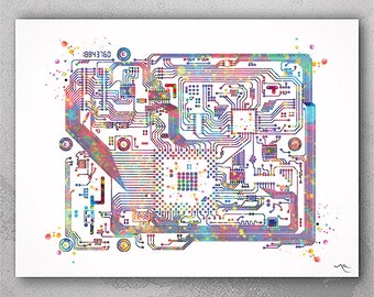 Circuit Board Watercolor Print Science Art Computer Modern Art Electronic Motherboard Engineer Technology Art Poster Tech Wall Art -1114