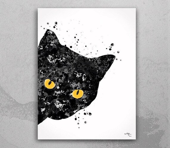 Black Cat Watercolor Art Print, Cheeky Cat Home Decor-683