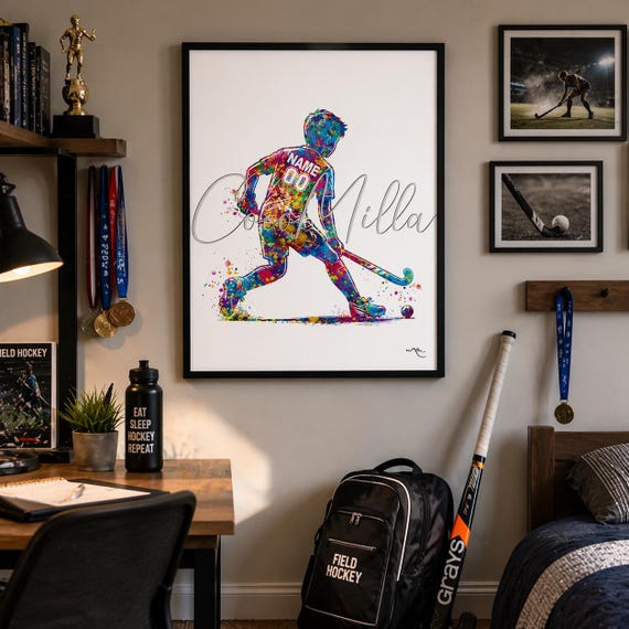 Personalized Field Hockey Player Boy Watercolor Print, Kids Room Decor-3039