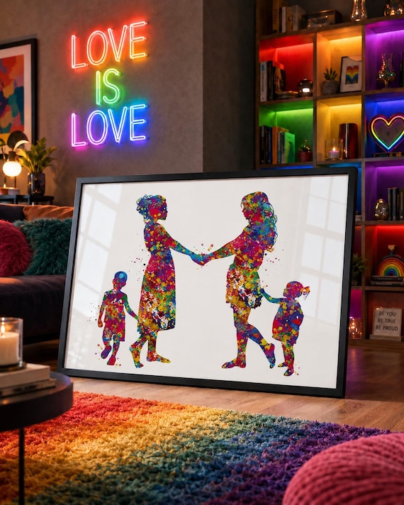 Two Moms & Kids Watercolor Art Print, LGBT Family Gift-1976
