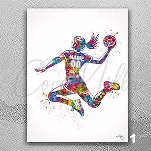 Handball Player Girl Personelized Watercolor Print Handball Female Women Volleyball Gift Teen Bedroom Decor Customize Gift Wall Art-2888