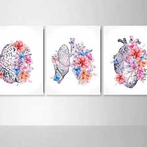 Human Brain Heart Lungs Set of 3 Watercolor Prints Medicine Nurse Office Decor Anatomy Art Science Medical Art Clinic Student Art Gift-2340
