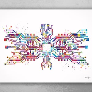 Peut inclure: Une peinture abstraite colorée d'un circuit imprimé avec un processeur central. La peinture est réalisée dans un style aquarelle avec des éclaboussures de couleur.
