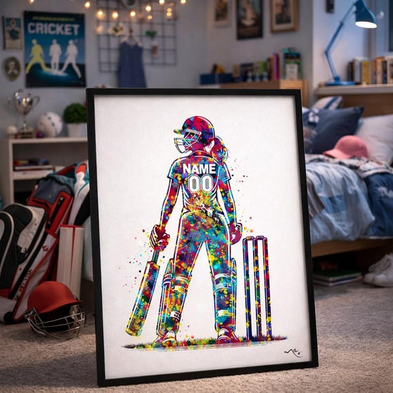 Personalized Cricket Girl Watercolor Print | Sports Poster-2880