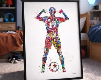Personalized Soccer Girl Watercolor Print, Football Wall Art-2546