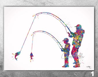 Father and Son Fishing Watercolor Print, Dad Gift, Nursery Decor-1805