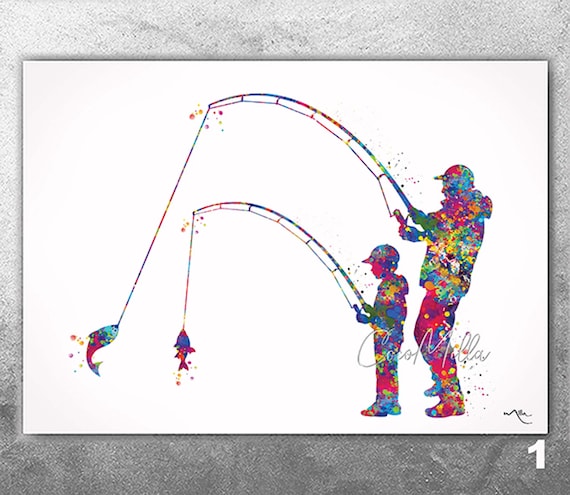 Father and Son Fishing Watercolor Print, Dad Gift, Nursery Decor-1805