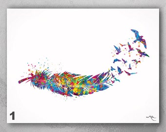 Watercolor Feather to Birds Print, Colorful Wall Art-659