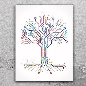 May include: A colourful abstract tree design with a circuit board pattern. The tree is made up of lines and circles in shades of blue, green, red, yellow, and purple. The tree is rooted in a network of lines that extend out from the base of the trunk.