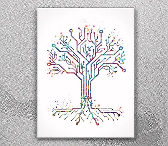 Circuit Board Tree Watercolor Art Print, Science Decor-2815