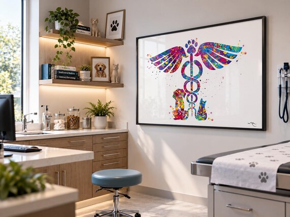 Veterinary Caduceus Watercolor Print, Animal Clinic Wall Art-315