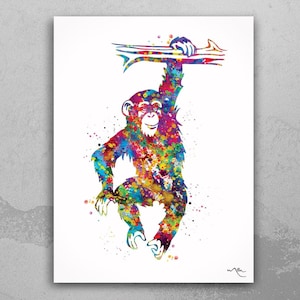Monkey Hanging Chimp Watercolor Print Chimpanzee Monkey Painting Baby Shower Kids Nursery Wall Art Wall Decor Art Animal Wall Hanging-768