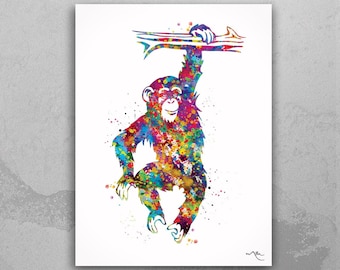 Chimpanzee Watercolor Print, Colorful Monkey Wall Art-768