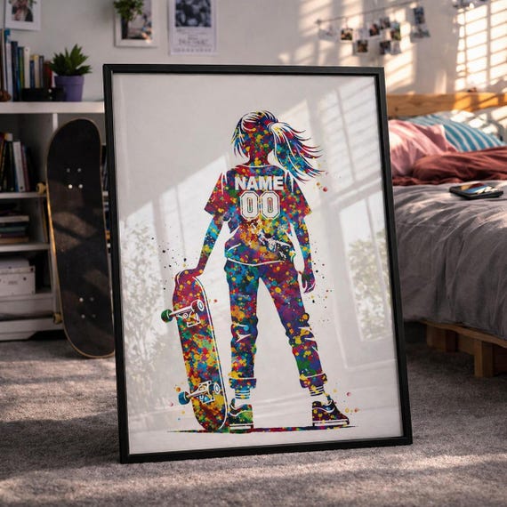 Personalized Skateboarder Girl Watercolor Print, Custom Wall Art-2890