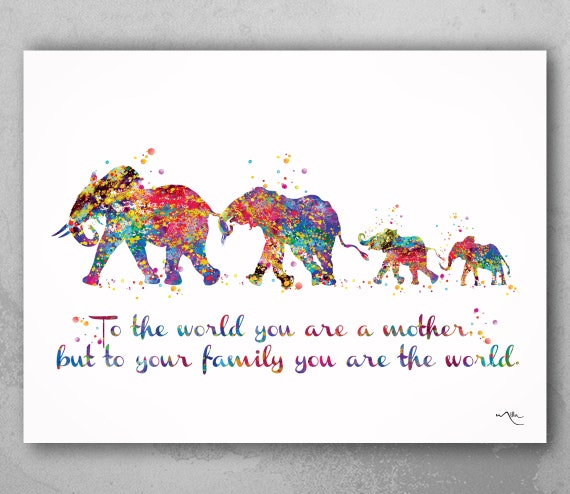 Elephant Family Watercolor Print, Mom Dad and Two Babies-1975