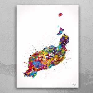 Lanzarote Map Watercolor Print Canary Islands Spain Wall Art Wedding Gift Honeymoon Gift Wall Hanging Travel Poster Home Wall Decor-2178