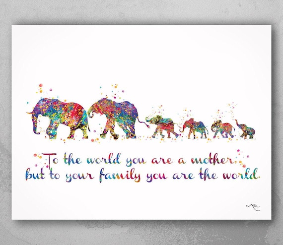 Elephant Family Watercolor Print: Mom, Dad & Babies - Quote Art-1648