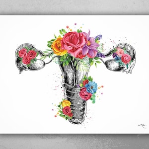 Uterus Anatomy Flowers Watercolor Print Floral Female Reproductive System Gynecology Clinic Decor Graduaiton Gift OBGYN Pregnancy Gift-2061