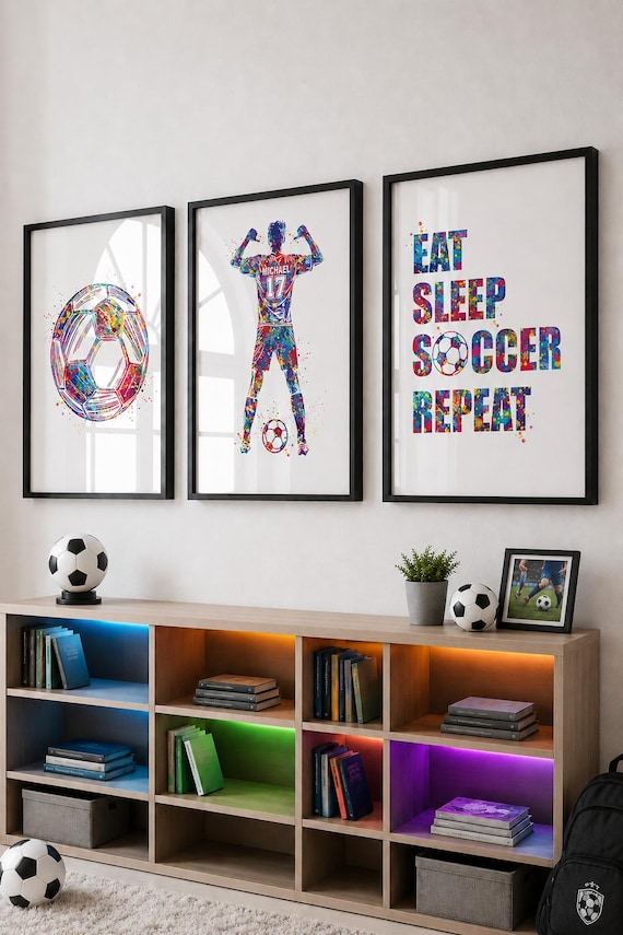Personalised Soccer Watercolour Print Set Football Gift For Boys Set of 3-2803